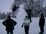 They're making... something really tall out of snow. if you can't tell They are standing on this snow structure and handing snow up to make it taller.